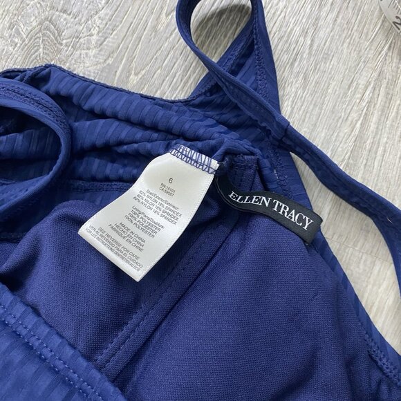 Ellen Tracy Swimsuit Women 6 Blue Ribbed One Piece Ruched Side Beach - Picture 2 of 3